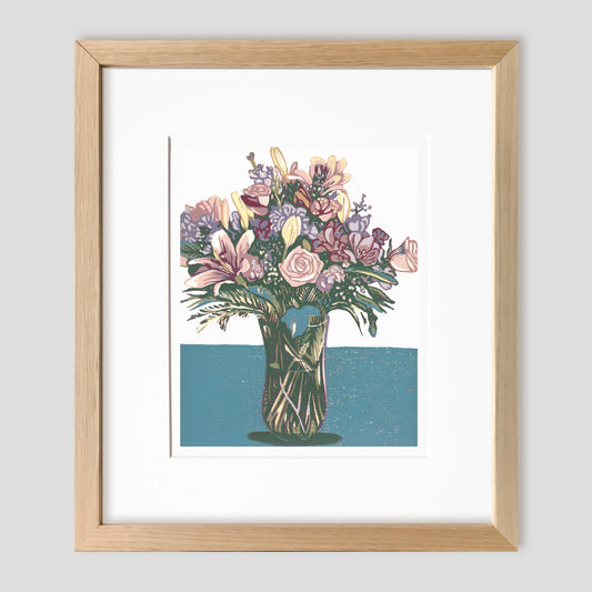 Bouquet Original Block Print. Contemporary floral wall art by Natalia Wohletz of Peninsula Prints. Jane Seymour (of “Somewhere in Time” fame) Moulding Collection by FOTIOU frame.