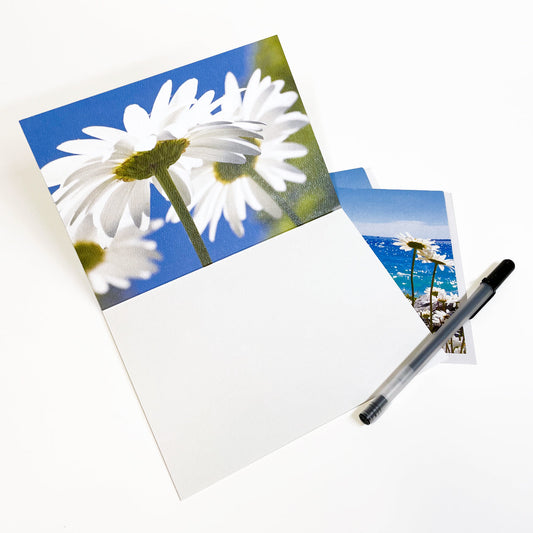 Blank greeting card featuring a photograph of daisies on the shoreline of Mackinac Island with the Mighty Mac on the horizon by local artist Jennifer Wohletz of Mackinac Memories.