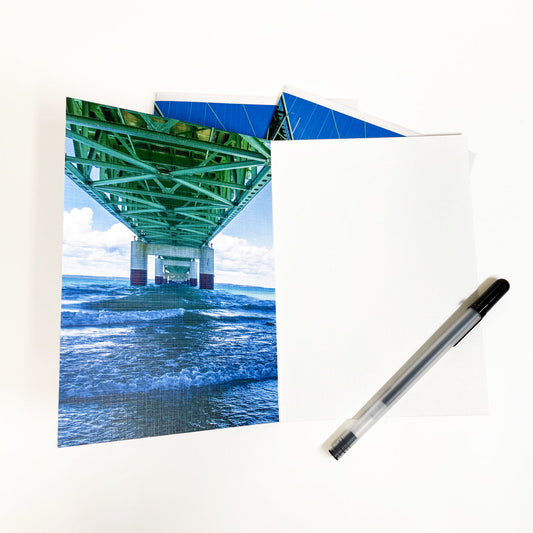 Blank greeting card featuring a photograph of the Mackinac Bridge by Michigan artist Jennifer Wohletz of Mackinac Memories.