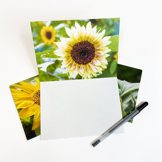 Blank greeting card featuring a photograph of a sunflower blooming on Mackinac Island by local artist Jennifer Wohletz of Mackinac Memories.