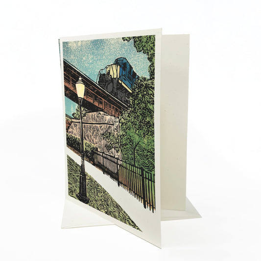 Milford Train Blank Greeting Card. A casually elegant card featuring Milford, Michigan, art by Natalia Wohletz of Peninsula Prints.