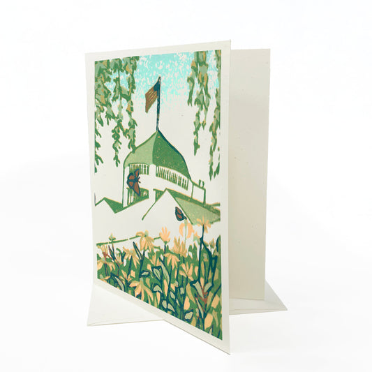 A casually elegant card featuring Mackinac Island art by Natalia Wohletz of Peninsula Prints titled Secret Garden.