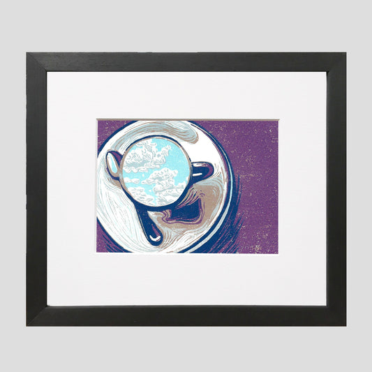 Contemporary coffee lover art by printmaker Natalia Wohletz of Peninsula Prints, Michigan, titled Clouds in My Coffee.