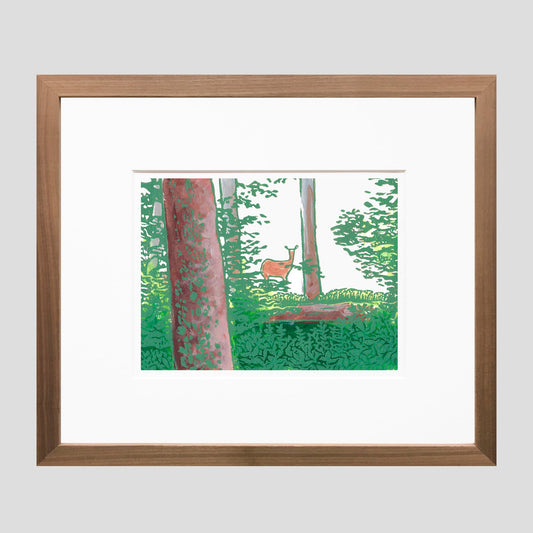Beautiful deer art by printmaker Natalia Wohletz of Peninsula Prints titled Deer in the Woods.