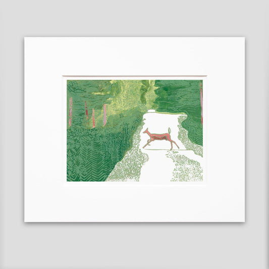 Beautiful deer art by printmaker Natalia Wohletz of Peninsula Prints titled Doe Crossing.