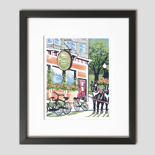 Mackinac Island art by printmaker Natalia Wohletz of Peninsula Prints titled Doud's Market.