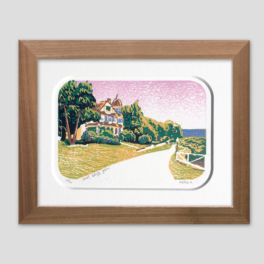 Mackinac Island art featuring a Victorian cottage by printmaker Natalia Wohletz of Peninsula Prints, Michigan, titled East Bluff Glow.