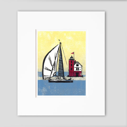 Nautical art celebrating Great Lakes sailing by printmaker Natalia Wohletz of Peninsula Prints, Milford & Mackinac Island, titled Foggy Finish.