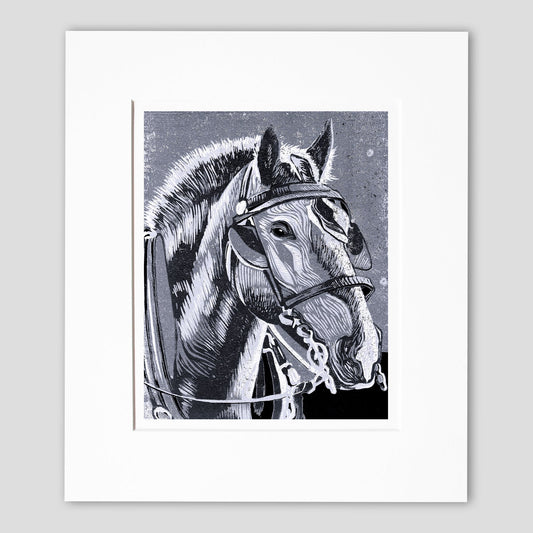 Mackinac Island horse art by printmaker Natalia Wohletz of Peninsula Prints titled Horse in Monochrome.