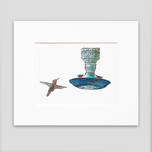 Hummingbird art by printmaker Natalia Wohletz, Peninsula Prints, of Milford and Mackinac Island, titled Hummingbird & Feeder.