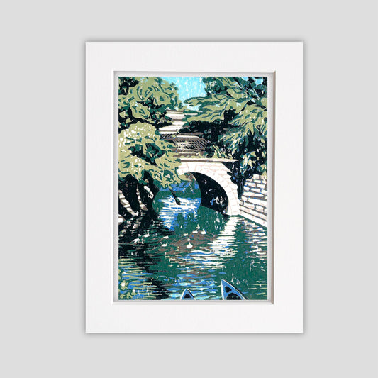 Michigan river art by printmaker Natalia Wohletz of Peninsula Prints, Milford, Michigan, title Huron River Bridge.