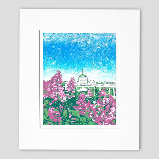 June at the Grand is a multi-color linoleum block print inspired by lovely lilacs blooming in the Tea Garden of the Grand Hotel.