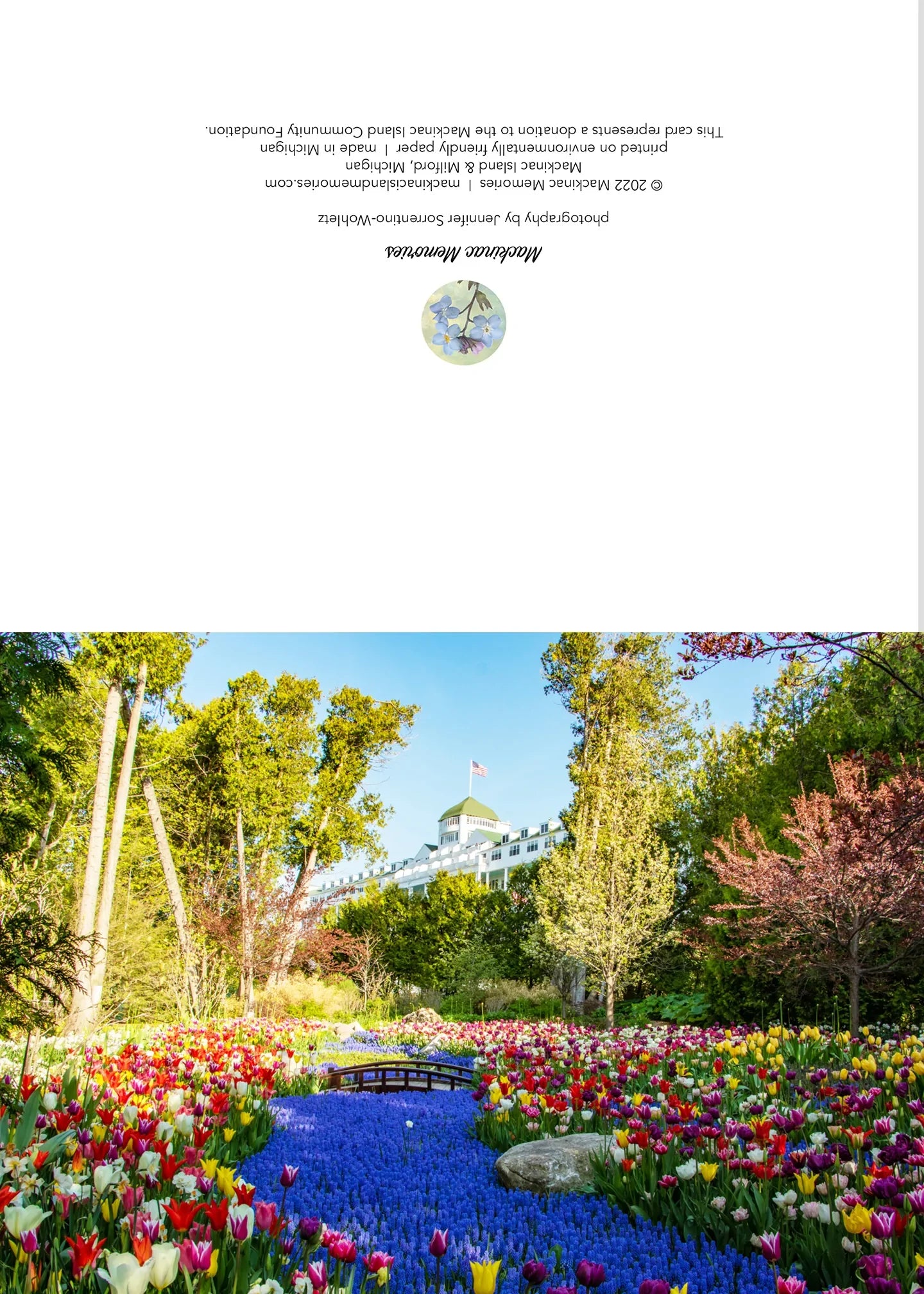 Blank greeting card featuring a photograph of Grand Hotel's Secret Garden in spring by local artist Jennifer Wohletz of Mackinac Memories.