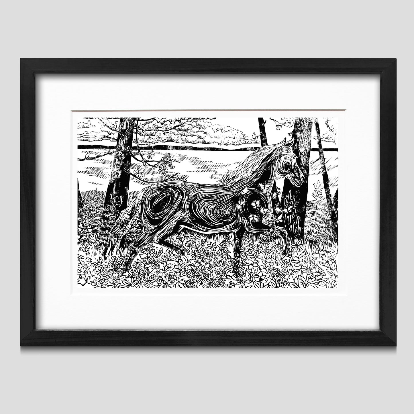 Framed horse art by Natalia Wohletz of Peninsula Prints, Milford & Mackinac Island, Michigan, titled Morning Frolic #1.
