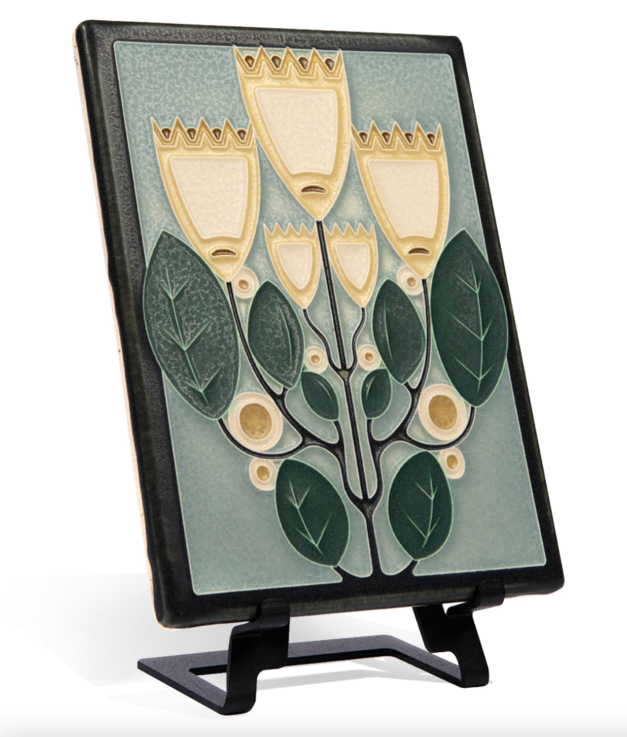 This Jugendstil design is based on one of a series of stylized flowers by Gustav Marisch, published by the Wiener Werkstätte circa 1912. Crown Quintet joins another Motawi art tile from that Marisch series: Blooming Bells.