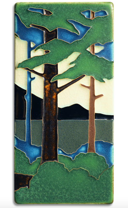 Motawi's Pine Landscape series is adapted from Grueby Faience designer Addison LeBoutillier's tile "Pines." This tile was Motawi's first attempt at polychrome work and is most recognized as a Motawi signature series.