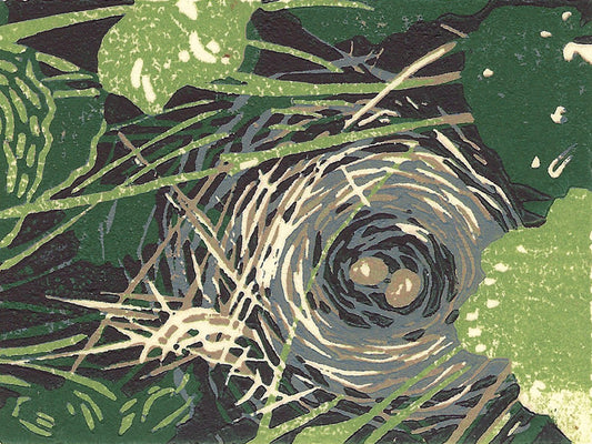 Giclée fine art reproduction of a linoleum block print by Natalia Wohletz of Peninsula Prints.  Inspired by a bird's nest the artist found nestled in a cottage garden on Mackinac Island.