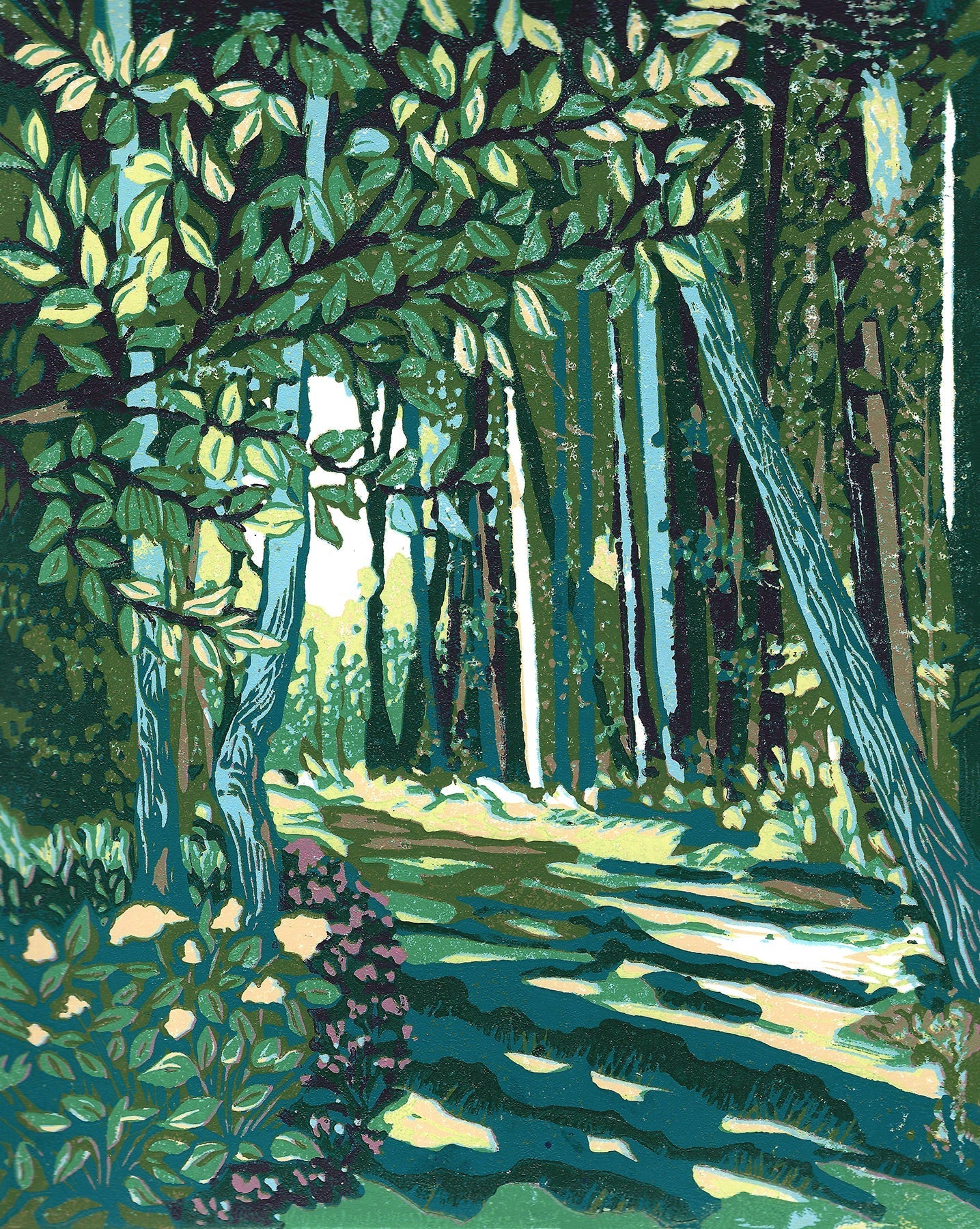 Cedar Trail. Lino cut block print by Natalia Wohletz.
