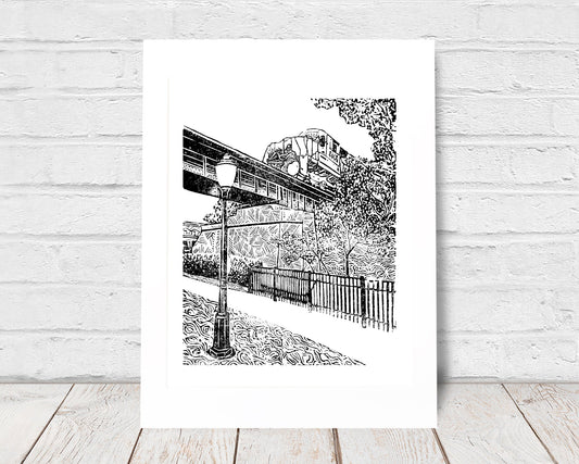 Milford Train #2 is a one-color linoleum block print depicting a train as it passes through the Village of Milford by Natalia Wohletz.