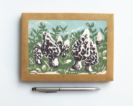 Morels card featuring a linoleum block print design by Natalia Wohletz of Peninsula Prints.
