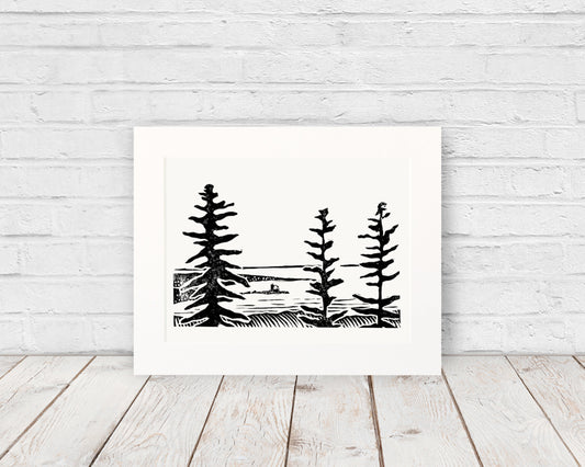 Pine View. 7 x 5 in. Original linoleum block print on archival fine art paper by Natalia Wohletz of Peninsula Prints. Limited edition print run of 18. Description: Pine View is a one-color linoleum block print of Round Island Light as seen from the Grand Hotel on Mackinac Island. Pine trees frame the lighthouse just right, giving a romanticized view of the iconic structure and the natural wonders that surround it.