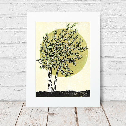 Radiant Birches. 8 in. x 10 in. Original six-color linoleum block print by Natalia Wohletz of Peninsula Prints, Milford & Mackinac Island, Mich.