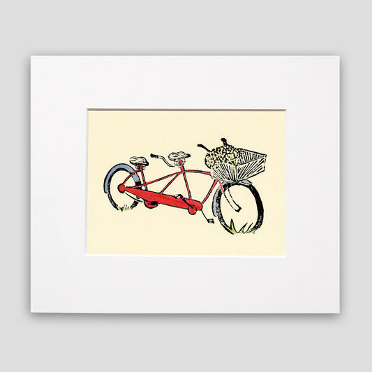 Bicycle art created by Natalia Wohletz of Peninsula Prints, Mackinac Island. Red Tandem is a multicolor linoleum block print of a striking bicycle for two!