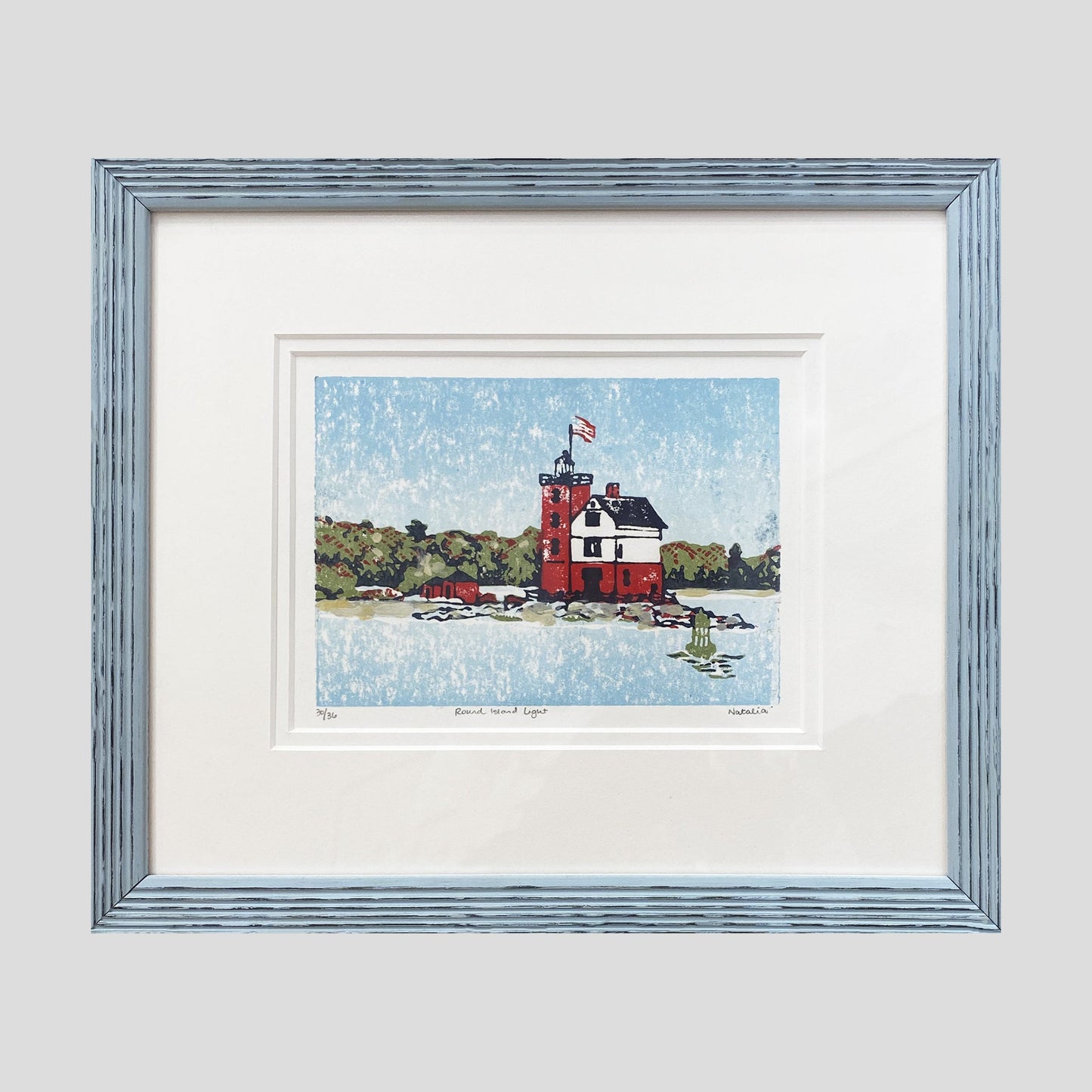 Round Island Light Original Block Print by Natalia Wohletz of Peninsula Prints.