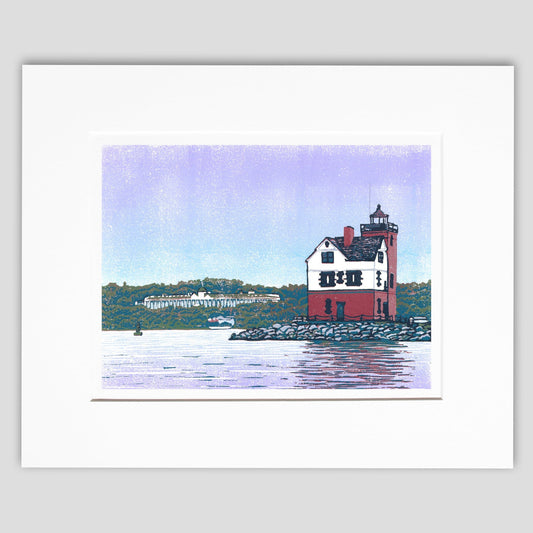 Mackinac Island art created by Natalia Wohletz of Peninsula Prints, Mackinac Island. Rounding the Island is an 8-color reduction block print featuring a unique view of Round Island Lighthouse with Grand Hotel in the background.