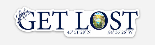 Decorate your bikes, boats, cars, walls, laptops, water bottles, outdoor gear and more with Mackinac Island inspired stickers. This die cut vinyl sticker features the words' "Let's Get Lost" with a photo of Mackinac Island's Arch Rock in the "O" and coordinates for the iconic limestone rock in the Mackinac Island State Park.