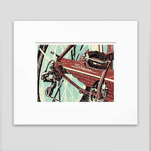 Vintage bicycle art created by Natalia Wohletz of Peninsula Prints. Schwinn is a three-color Reduction linoleum block print of a classic tandem bicycle inspired by one that the artist enjoys riding around Mackinac Island with friends and family.