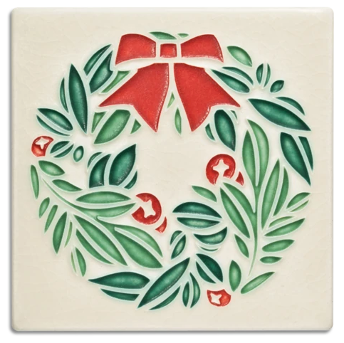 Wreath 6x6 art tile by Motawi. Add some boxwood, berries and a bow to your home that will last forever. 