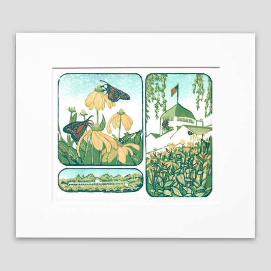 Mackinac Island art created by Natalia Wohletz of Peninsula Prints. Secret Garden is an original block print featuring Monarch butterflies sipping nectar in Grand Hotel's Secret Garden on a sunny summer day.