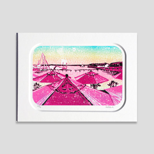 Sunset at the Pony block print created by Natalia Wohletz of Peninsula Prints. Mackinac Island's iconic Pink Pony restaurant and bar is a favorite of sailors, tourists and locals. The patio serves up great views of ferry boats, sailboats and yachts in the harbor.