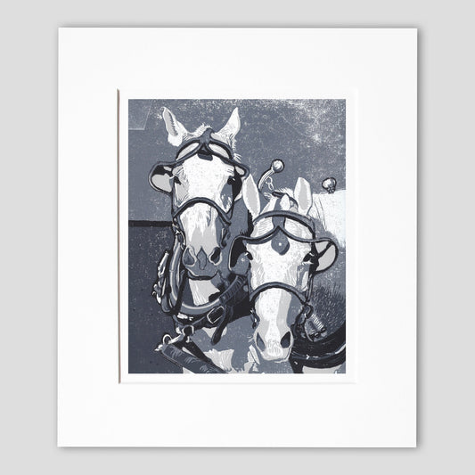 Horse art created by Natalia Wohletz of Peninsula Prints. Based upon the Percherons of Mackinac Island, this original block print titled Two Horse Team speaks to the strength and beauty of horses.