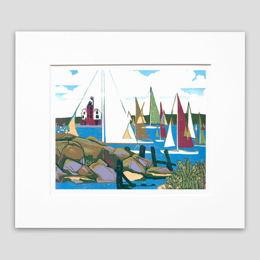 Sailing art created by Natalia Wohletz of Peninsula Prints. Yacht Race is an original block print inspired by sailors on the Great Lakes, especially competitors in the Chicago Yacht Club Race to Mackinac and Bayview Mackinac Race.