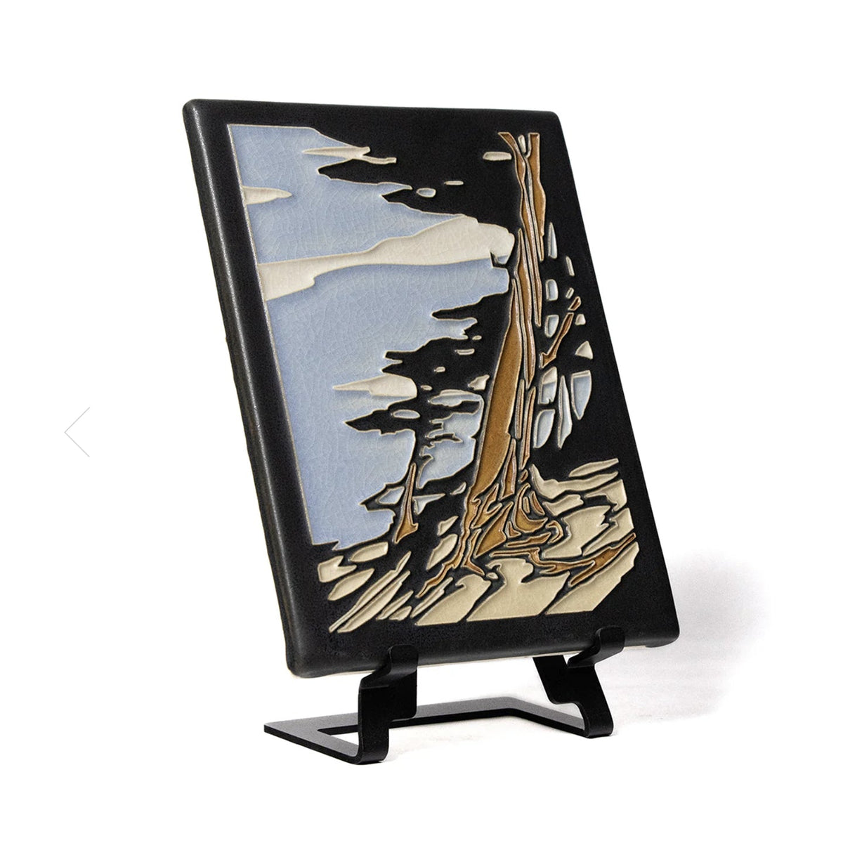Handmade 6 x 6 in. art tile by Motawi Tileworks in Ann Arbor, Michigan. The design is based on a block print by artist Yoshiko Yamamoto, a self-taught printmaker who strives always to fuse Japanese design sensibility with fine craftsmanship.