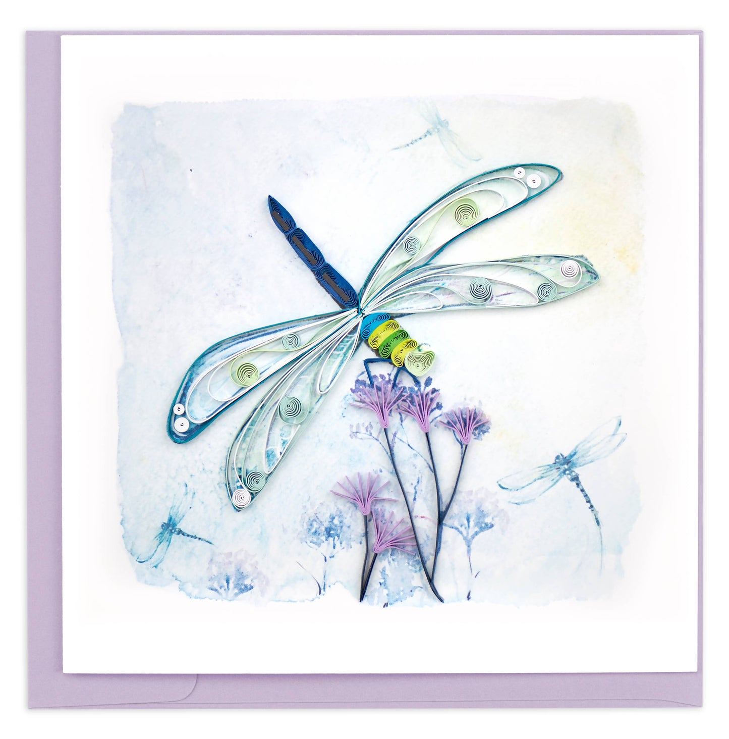 Greeting card with a colorful dragonfly illustration on a light blue background