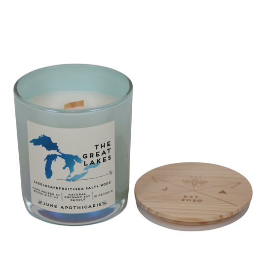 The Great Lakes 12 oz Glass  Wooden Wick Candle