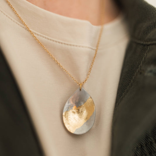 Within Aluminum Teardrop Gold Plated Necklace by Mend on the Move.  Jewelry created from auto parts by abuse survivors in Detroit, Michigan.
