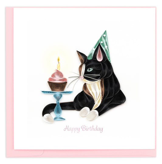 Illustration of a cat wearing a party hat with a birthday cake and candle, on a pink border with 'Happy Birthday' text.