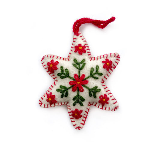 White Six Pointed Star Embroidered Wool Christmas Ornament