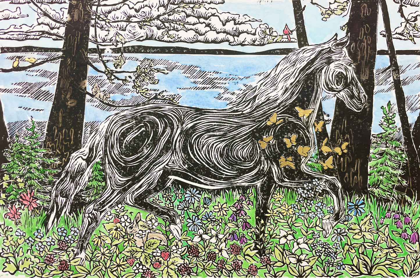 Morning Frolic #3 Original Block Print