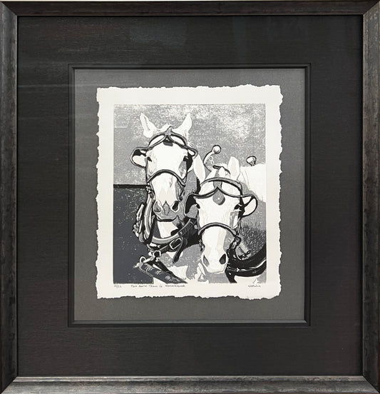 Two Horse Team in Monochrome Original Block Print - Special Edition