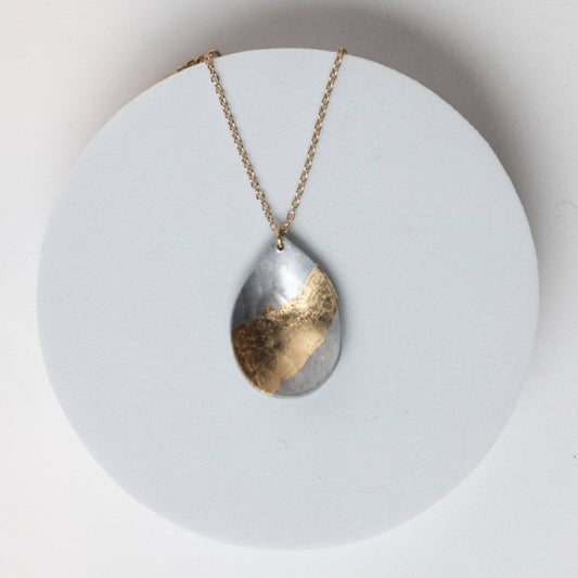 Within Aluminum Teardrop Gold Plated Necklace by Mend on the Move.  Jewelry created from auto parts by abuse survivors in Detroit, Michigan.