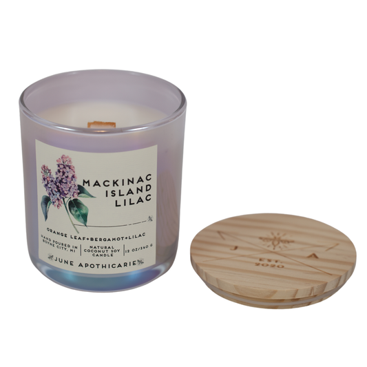 Mackinac Island Lilac 12 oz Glass Wooden Wick Candle
