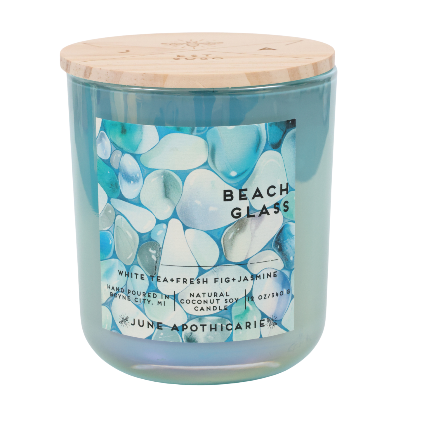 Beach Glass 12 oz Glass Wooden Wick Candle