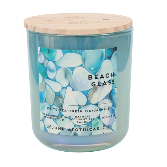 Beach Glass 12 oz Glass Wooden Wick Candle