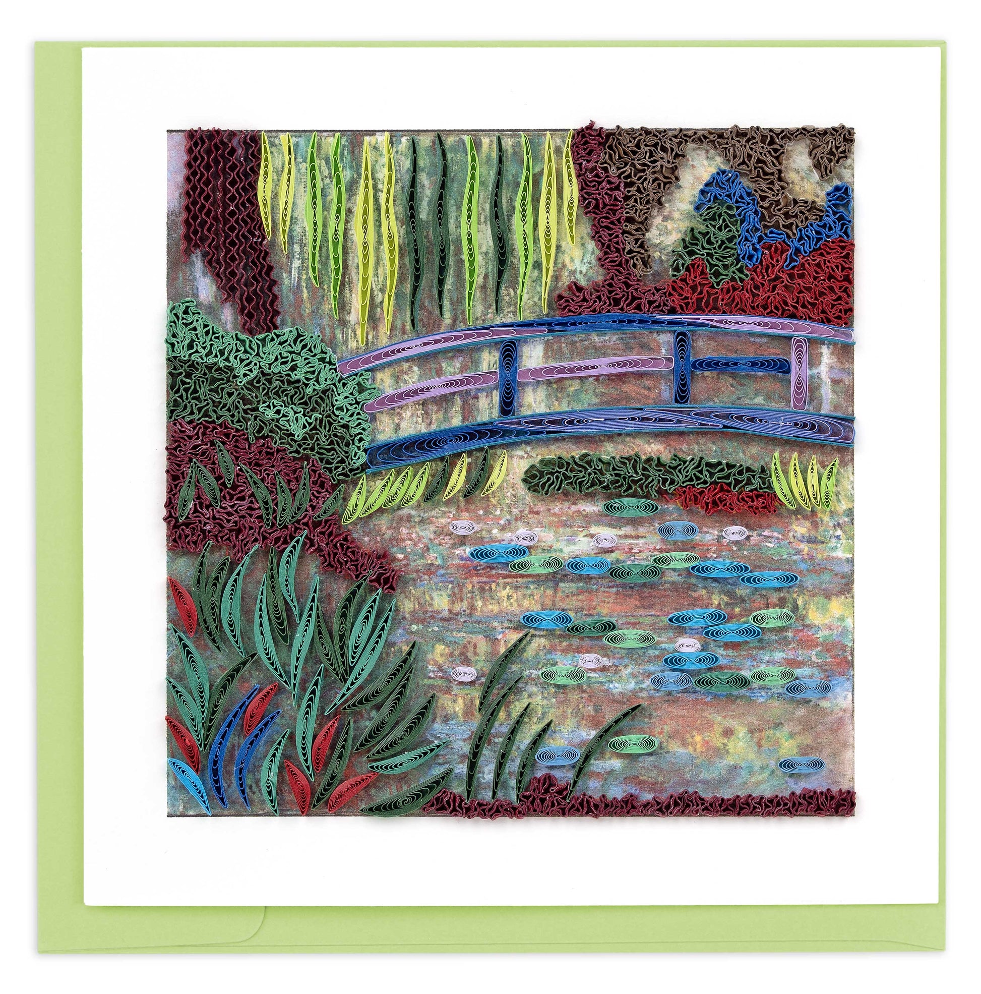 A handcrafted quilled card featuring an interpretation of Monet's iconic Water Lily Pond through delicate paper artistry. 