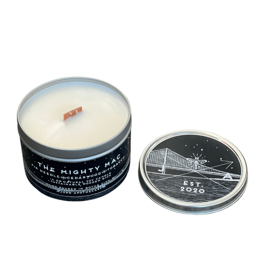 The Mighty Mac Wooden Wick 11 oz Tin Candle- Michigan
